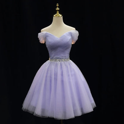 Robe de soirée violette en tulle avec plis et perles, épaules dénudées, lacets, coupe trapèze, longueur genou, lacets, grande taille, robes de soirée pour femmes B2206