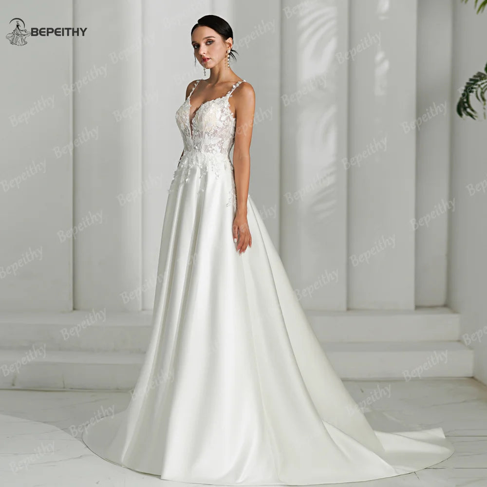 BEPEITHY Ivory Satin A Line Wedding Dresses For Women 2024 Sleeveless Lace Top Vintage Boho Bride New Bridal Gown