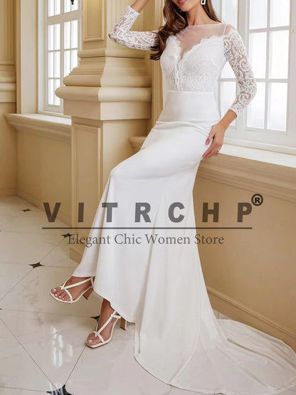 VITRCHP Long Sleeve Mermaid Wedding Dress Beach O-Neck Lace Sweep Train Button Bridal Gowns Customize To Measures Civil Sweep