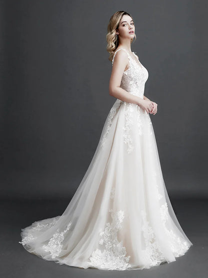 Robe de mariée élégante en dentelle A-Line pour femme, coupe ajustée, col en V, dos nu, robe de mariée, nouvelle collection 2024, robe de soirée avec appliques de fleurs 3D