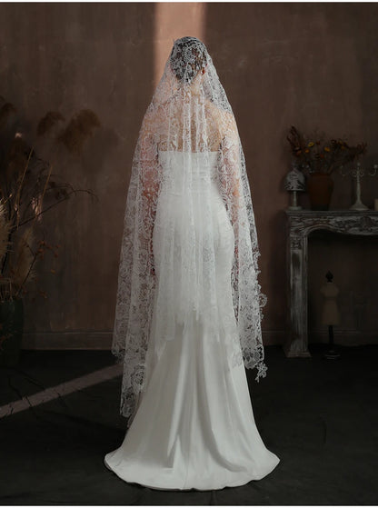 V311 High-end Bridal Veil for Wedding Dress One-Layer Hollow Out Lace White Long Handmade Brides Veil