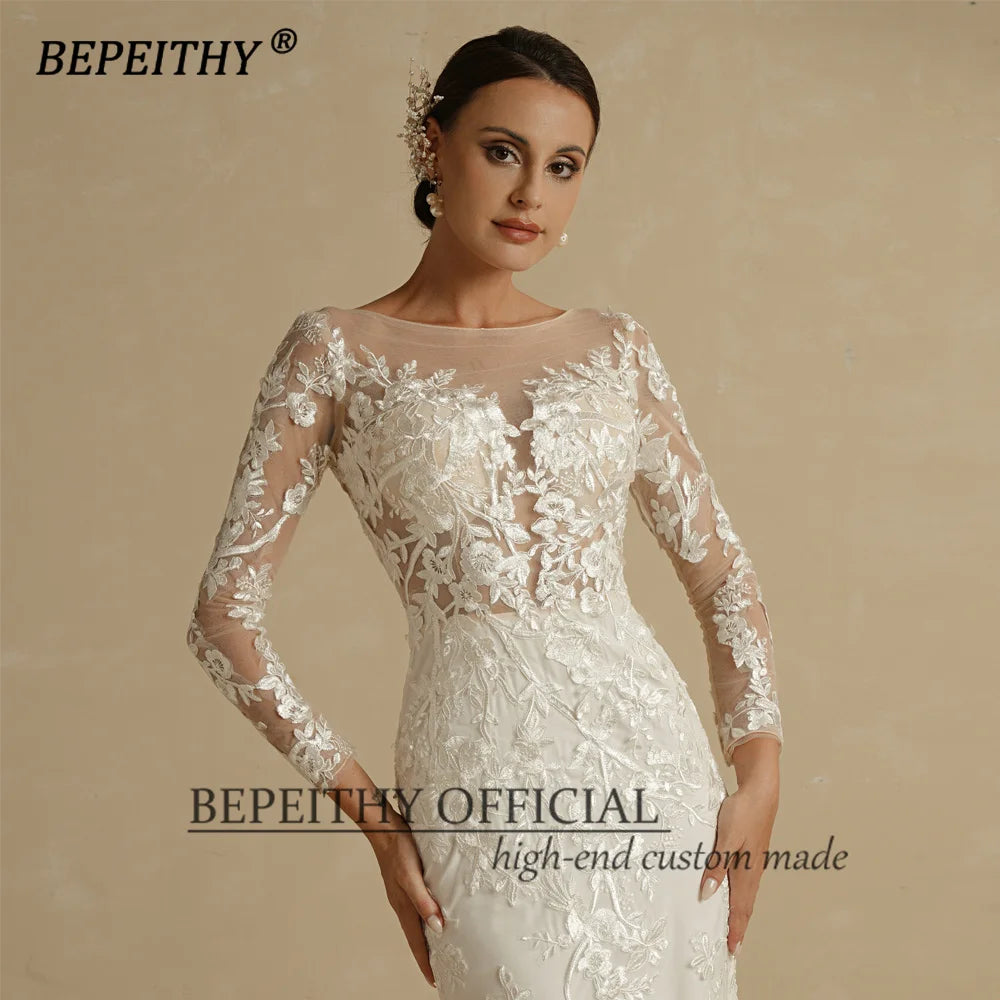 BEPEITHY Mermaid Lace Wedding Dresses 2022 Three Quarter Sleeves Boat Neck Vintage Boho Bride Court Train Bridal Party Gown New