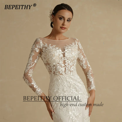 BEPEITHY Vestidos de novia de encaje de sirena 2022 Mangas tres cuartos Cuello barco Vintage Boho Novia Corte de cola Vestido de novia para fiesta Nuevo