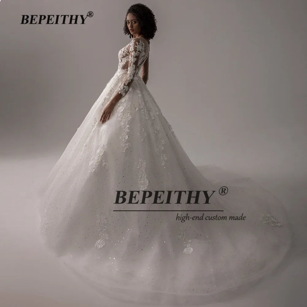 BEPEITHY Vestido de novia con escote en O y manga larga de tul brillante para mujer, vestido de novia estilo princesa, vestido de novia exquisito