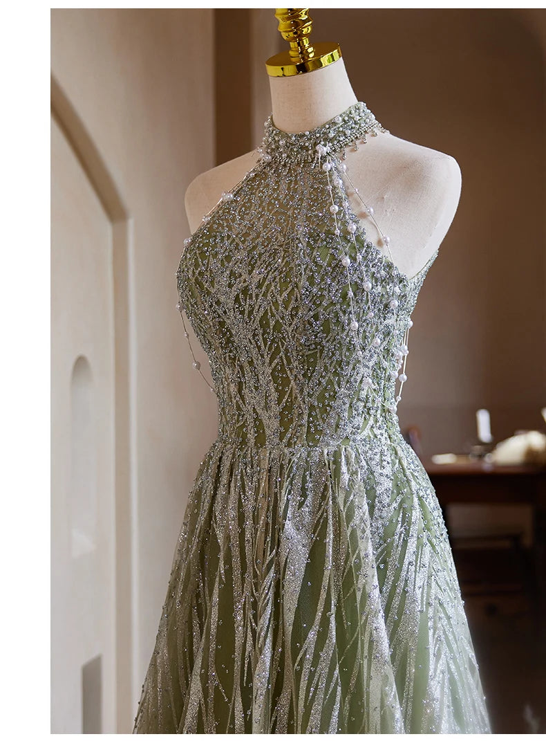 New Arrived Green Color Halter Neck A-Line Luxury Evening Dresses 2024 High-end Texture Beading Gown for Women Wedding Party