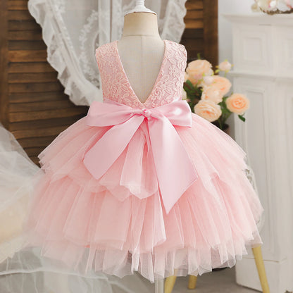 Flower Girl Dresses for Wedding Kids Lace Backless Tulle Tutu  Princess Prom Party Clothes Baby 1st Birthday Baptism White Dress