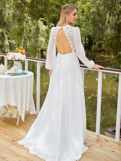 Women's V-Neck Lace Beach Wedding Dress With Slit Long Sleeve Chiffon Bohemian Bridal Dress 2024