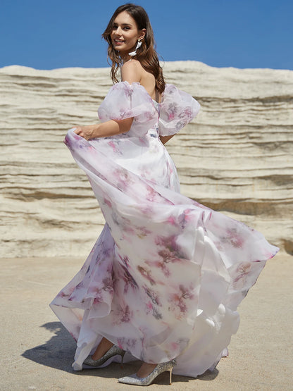 Elegantes vestidos de novia con flores rosas 2024 para mujer, con cordones en la espalda y mangas abullonadas, vestido de fiesta de organza color marfil para jardín