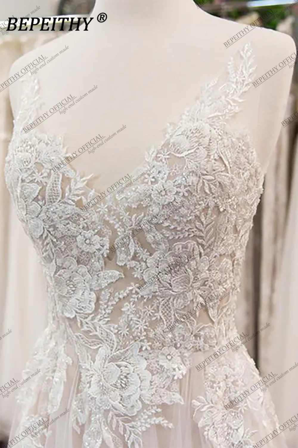 BEPEITHY Robe de soirée de mariage en dentelle ivoire avec corsage en ligne A 2023 pour femmes, robe de mariée sans manches, longueur au sol, style Boho, blanche