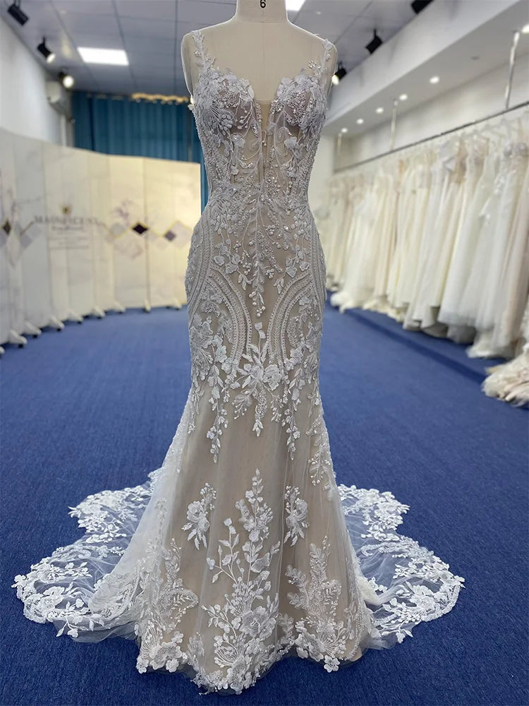 Woman Bohemian Mermaid Wedding Dress 3D Flowers Pearl Applique 2024 Deep V Sleeveless Backless Sexy Slim A-line Long Dresses