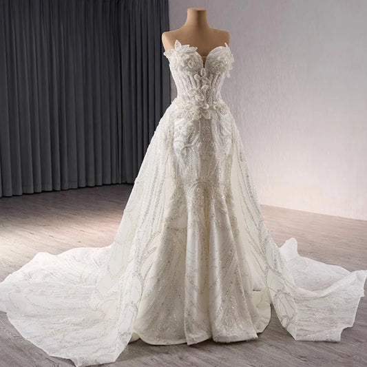 Robe de mariée de luxe mexicaine en forme de sirène avec traîne longue amovible et perles en cristal 2025