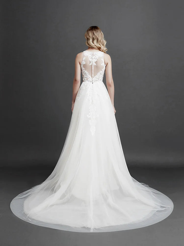 Robe de mariée en dentelle sans manches pour femme, couleur de peau, tempérament, appliques de fleurs 3D, robes de soirée, nouvelle collection 2024