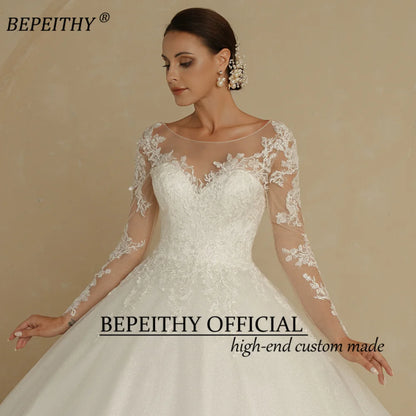 BEPEITHY Exquisite Ivory Scoop Wedding Dresses 2022 For Women Full Sleeves Chapel Train Vintage Dropped Lace Ball Bridal Gown