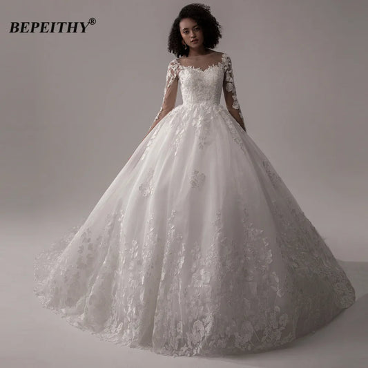 BEPEITHY Vintage Lace Wedding Dresses For Women 2023 Full Sleeves Princess Bridal Gowns Elegant Court Train Scoop Bride Dress