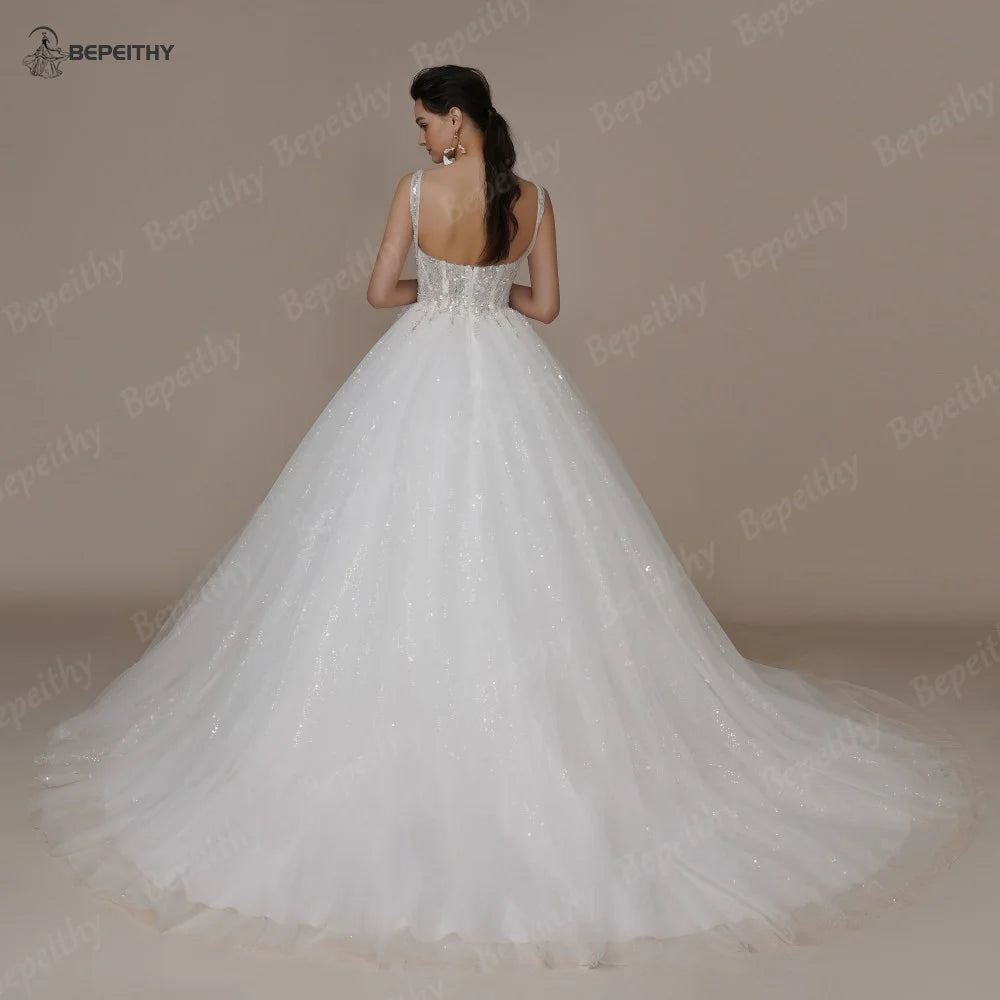 BEPEITHY Princess Glitter Vintage Wedding Dresses For Women Sleeveless Beading Bow Bride Boho Bridal Gown Detachable Flow