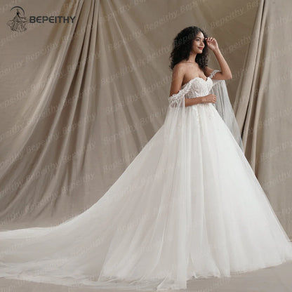 BEPEITHY Sweetheart Glitter Princess Wedding Dresses For Women With Flown Summer Court Train Bride Ivory Bridal Ball Gown 2024