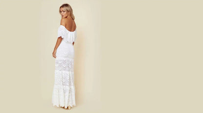 Women's Lace Bohemian Off-the-Shoulder Beach Bridal Wedding Dress Deep V-Neck Sleeveless Wedding Dress High Waist Summer Dress