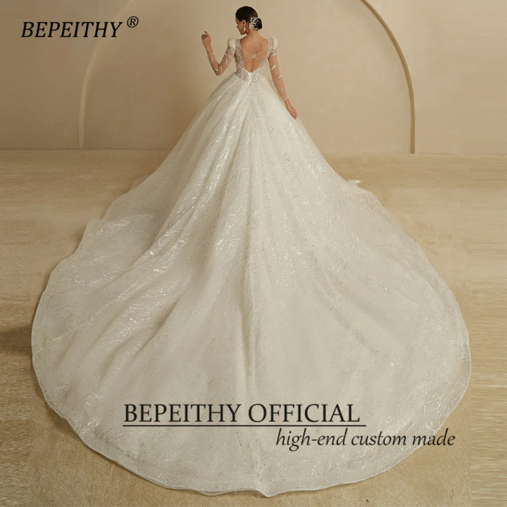 BEPEITHY Luxury Shinny Princess Wedding Dresses For Women 2022 Full Sleeves Scoop Pearls Vintage Ball Bridal Gown Chapel Train