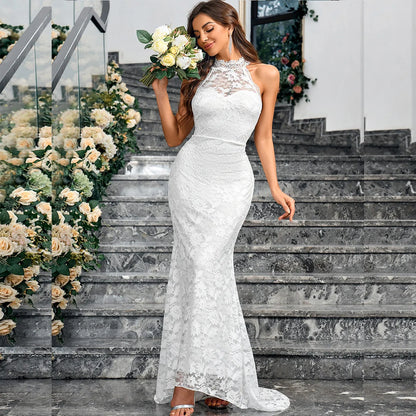 Lace Mermaid Wedding Dress Halter Collar With Flower Romantic Women's Sexy Court Train Backless Bride Party Vestido De Noiva