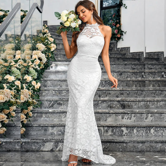 Lace Mermaid Wedding Dress Halter Collar With Flower Romantic Women's Sexy Court Train Backless Bride Party Vestido De Noiva