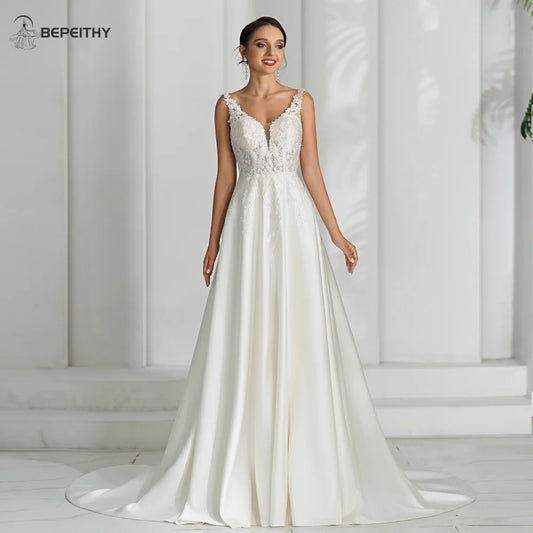 BEPEITHY V Neck Sexy Backless Satin Ivory Wedding Dresses For Women Sleeveless 2024 Lace Bodice Sweep Train Boho Bridal Gown