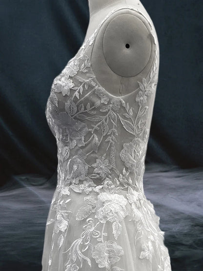 ZOCI Robe de mariée en dentelle florale pour femme, sans manches, décolleté en V profond, dos nu, ligne A, robe de mariée sexy