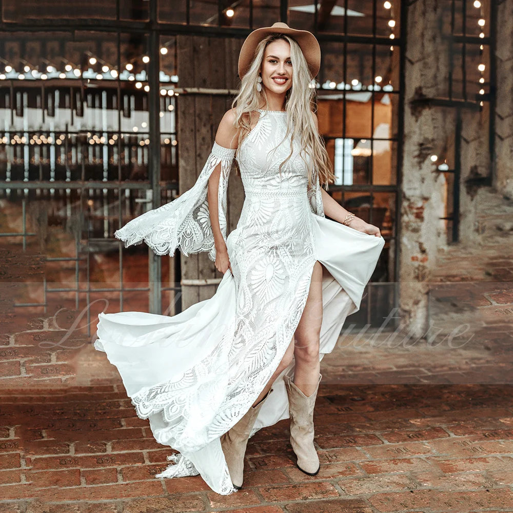 Boho Halter Lace Wedding Dress Detachable Long Flare Sleeve 2024 Side Split Summer Floor-Length Train Shoulder Beach Bridal Gown