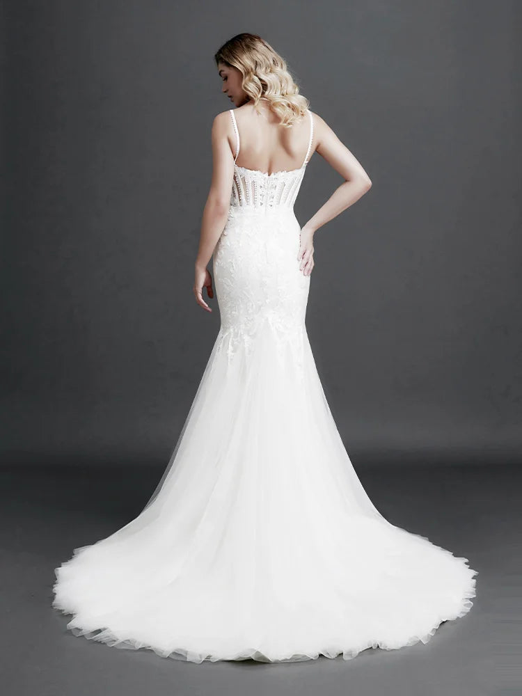 Robe de mariée sirène sans manches en V profond pour femme, coupe A-line, slim, sexy, en dentelle, robe de bal, robe de soirée, robe de soirée, maxi