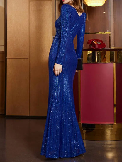 Robe longue bleu royal à paillettes pour femme, tenue de bal de mariage, de soirée, à manches longues, sexy, ajourée, 2024