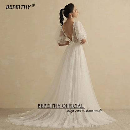 BEPEITHY Real Image Sexy Wedding Dresses For Women 2023 Bride Luxury Pearls Half Sleeves Beach Boho Bridal Party Gown Open Back