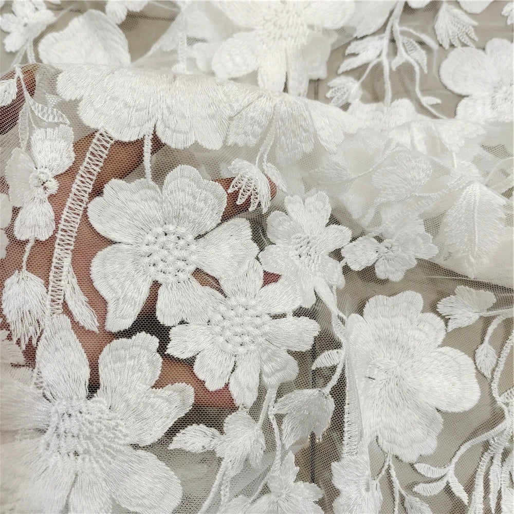 Tissu en dentelle brodée au mètre, matériel de couture brodé de fleurs florales pour robe de mariée, voile, tissu de costume, largeur 130 cm