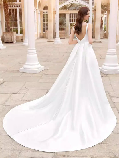 Vestidos de novia elegantes de satén blanco sin mangas, vestidos de novia sencillos para mujer 2024, vestido de novia de corte A con espalda abierta