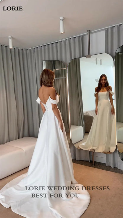 LORIE Soft Satin A Line Wedding Dresses Sleeveless Off The Shoulder Bridal Gowns Long Train Wedding Party Gowns 2023