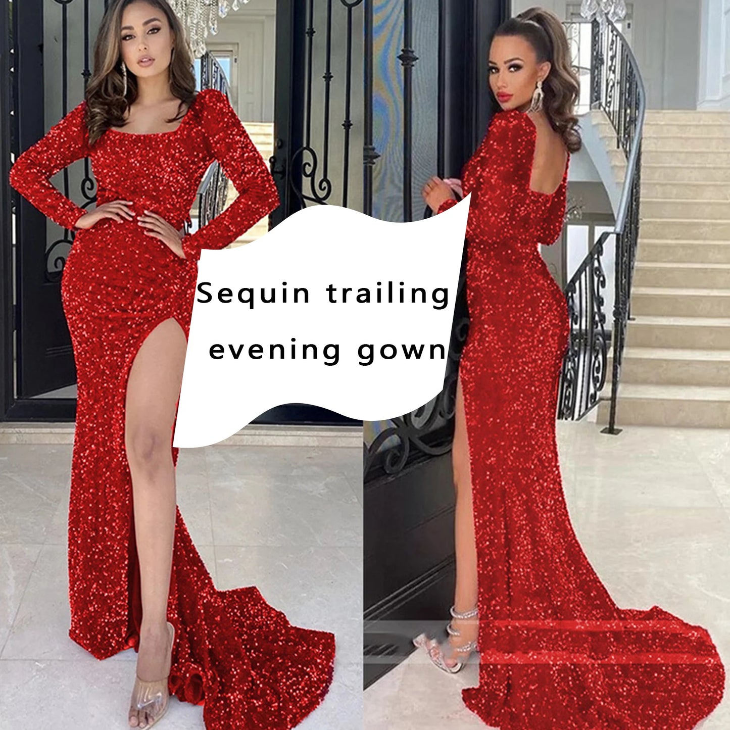 Women's red diamond sequined celebrity evening gown square neck long sleeved sequined wedding ball gown backless sexy slit eveni