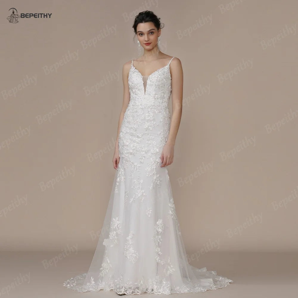 BEPEITHY Mermaid Lace Wedding Dresses For Women Sleeveless 2023 Sweep Train Ivory Trumpet Bride White Bridal Gown V Neck Vestido