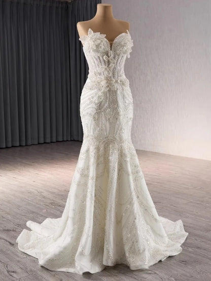 Robe de mariée de luxe mexicaine en forme de sirène avec traîne longue amovible et perles en cristal 2025