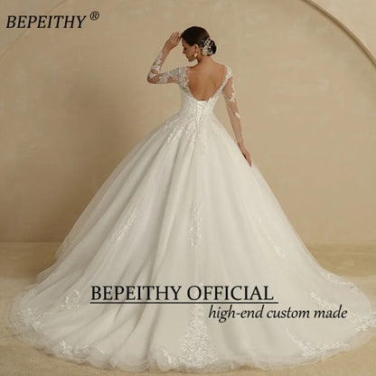 BEPEITHY Exquisite Ivory Scoop Wedding Dresses 2022 For Women Full Sleeves Chapel Train Vintage Dropped Lace Ball Bridal Gown