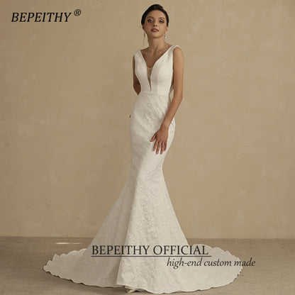 BEPEITHY Sexy Deep Pearls V Neck Mermaid Wedding Dresses For Women 2023 Court Train Ivory Embossing Bridal Gowns Open Back New