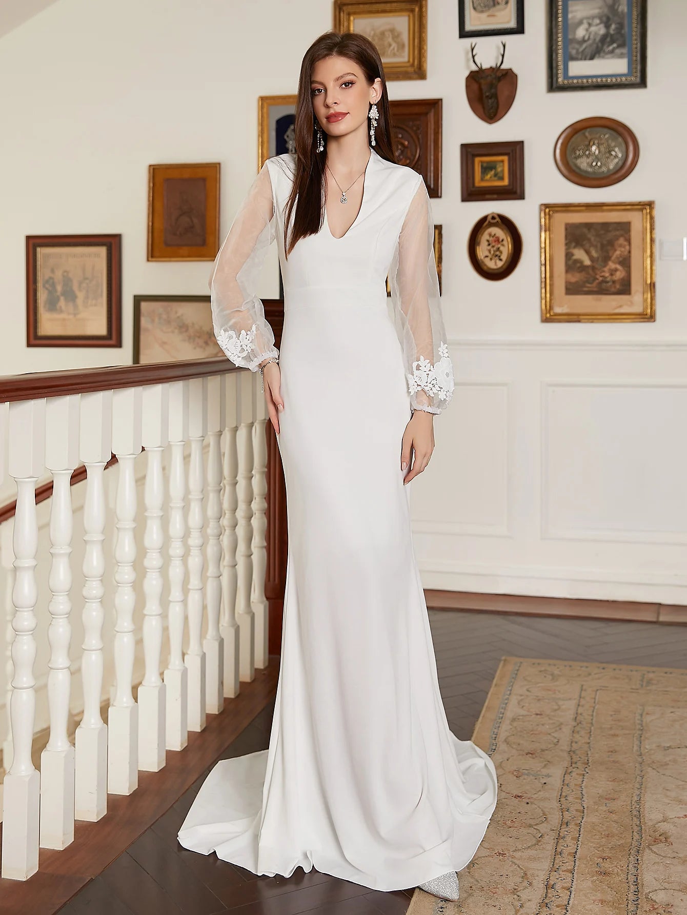 Elegant white mermaid long wedding dress party dress lace V-neck sheer sleeves formal bride wedding dress 2024