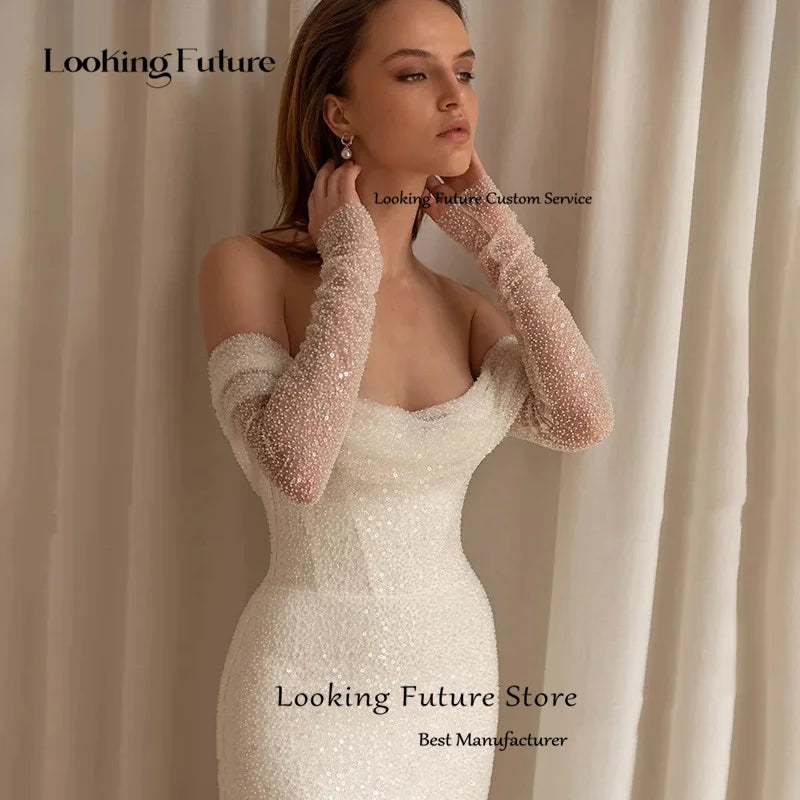 Luxury Mermaid White Wedding Dress Beaded Off The Shoulder Sexy Backless Wedding Gown Long Sleeve Strapless Detachable Train