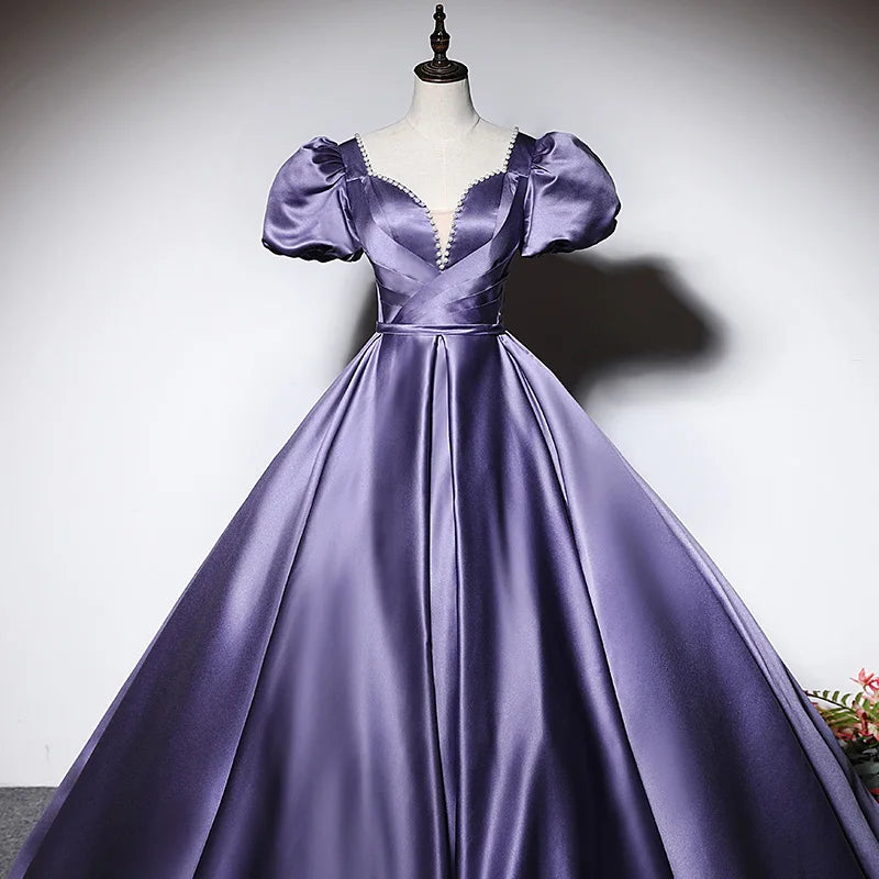 Robe de soirée en satin violet à manches courtes plissée, coupe trapèze, col en V, lacets, longueur au sol, mode, grande taille, robes de soirée pour femme XE090