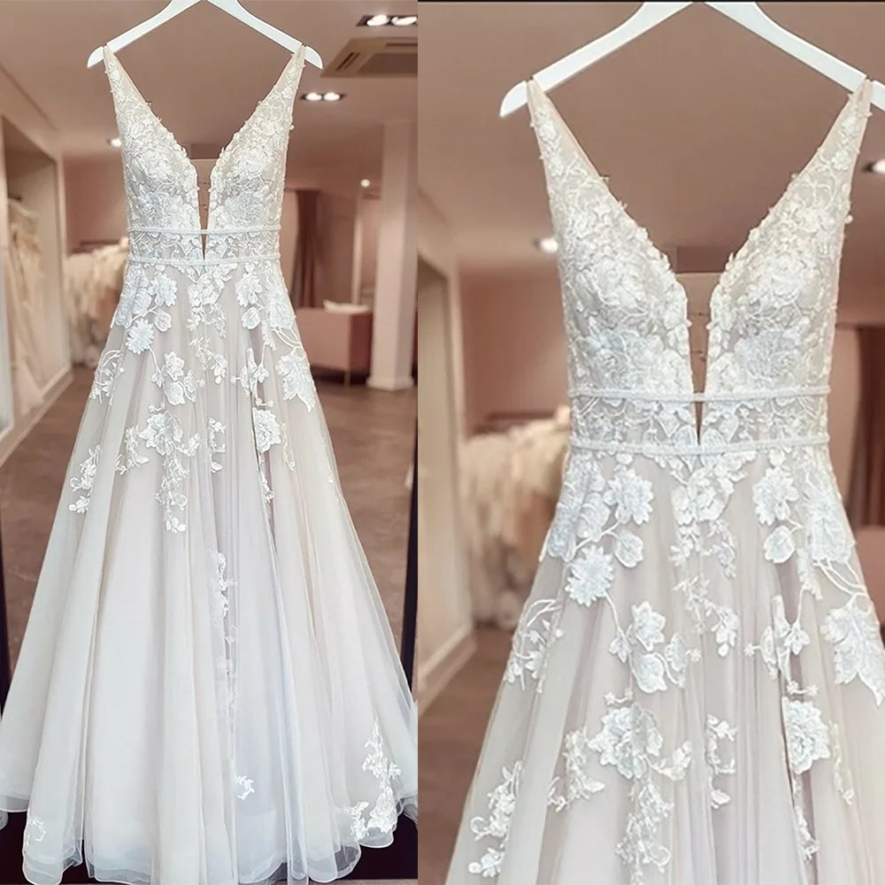 BEPEITHY Champagne Backless A Line Boho Bride Wedding Dresses Spaghetti Straps Sleeveless Summer Pleats Lace Bridal Gown 2023