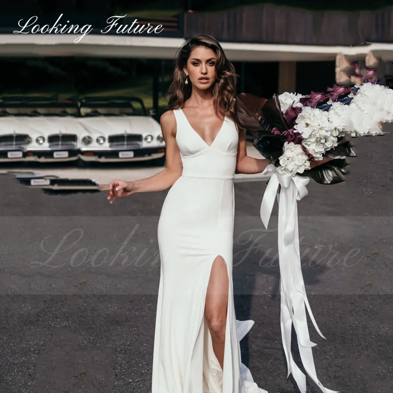 Robe de mariée simple en satin A Line Halter sans manches Robe de mariée longue blanche pour femme Bouton dos ouvert robes de mariée 2024