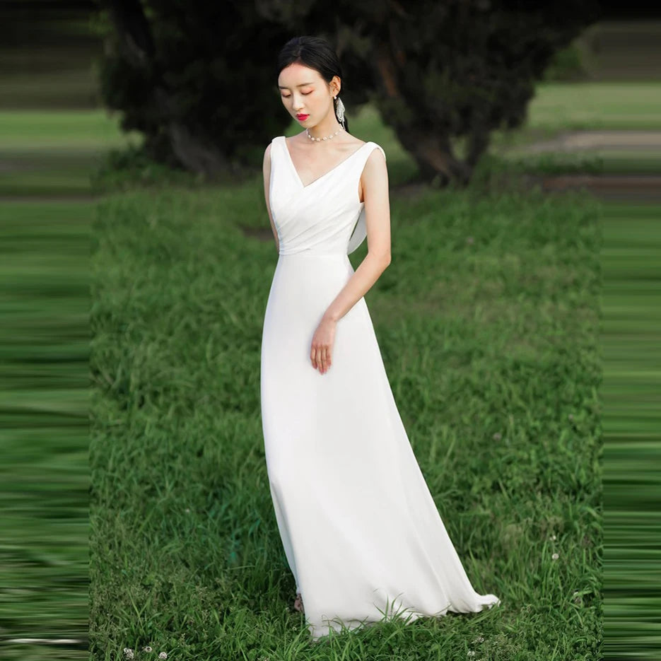 Robe de mariée simple à col en V de style coréen, robe de mariée en dentelle, robe de soirée