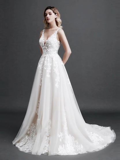 Robe de mariée élégante en dentelle A-Line pour femme, coupe ajustée, col en V, dos nu, robe de mariée, nouvelle collection 2024, robe de soirée avec appliques de fleurs 3D