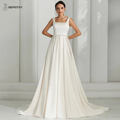 BEPEITHY 2024 Square A Line Wedding Dresses Sleeveless Sweep Train Open Back Vintage Bride Ivory Bridal Gown Vestidos De Novias