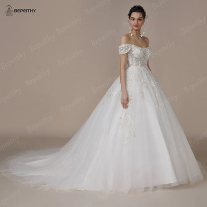 BEPEITHY Strapless A Line Wedding Dresses For Women Off The Shoulder Appliques Lace Princess Ivory Bridal Gown Bride 2023 Spring