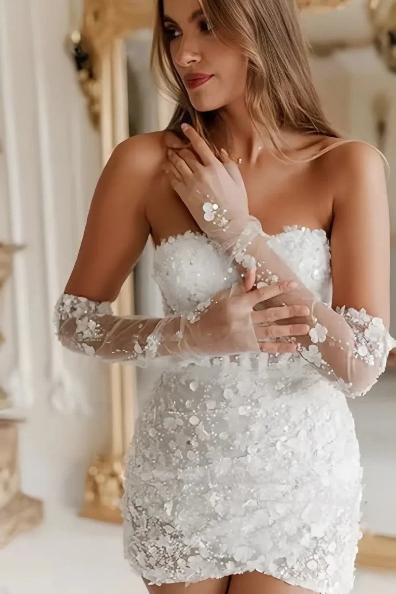 Sparkly Strapless Half Sleeve Mini Wedding Dresses Sweetheart Lace Applique Flowers Illusion Short Bridal Gown with Lace Up Back