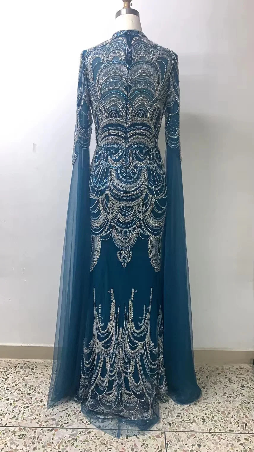 Venta caliente árabe azul sirena encaje con cuentas ocasión formal vestidos de noche con capa para mujer boda fiesta de graduación vestidos LA72033