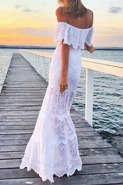 Women's Lace Bohemian Off-the-Shoulder Beach Bridal Wedding Dress Deep V-Neck Sleeveless Wedding Dress High Waist Summer Dress